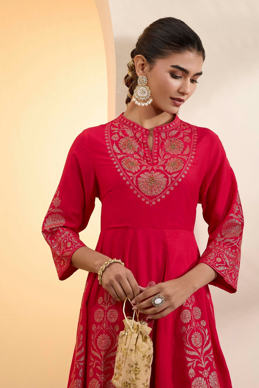 Red Poly Viscose Anarkali Kurta Set A34
