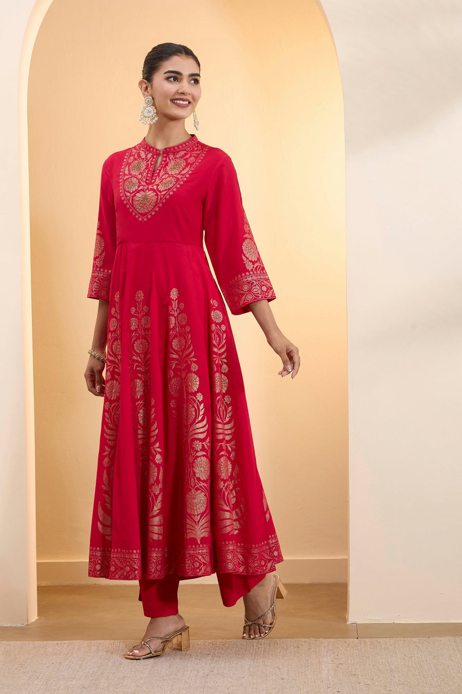 Red Poly Viscose Anarkali Kurta Set A34