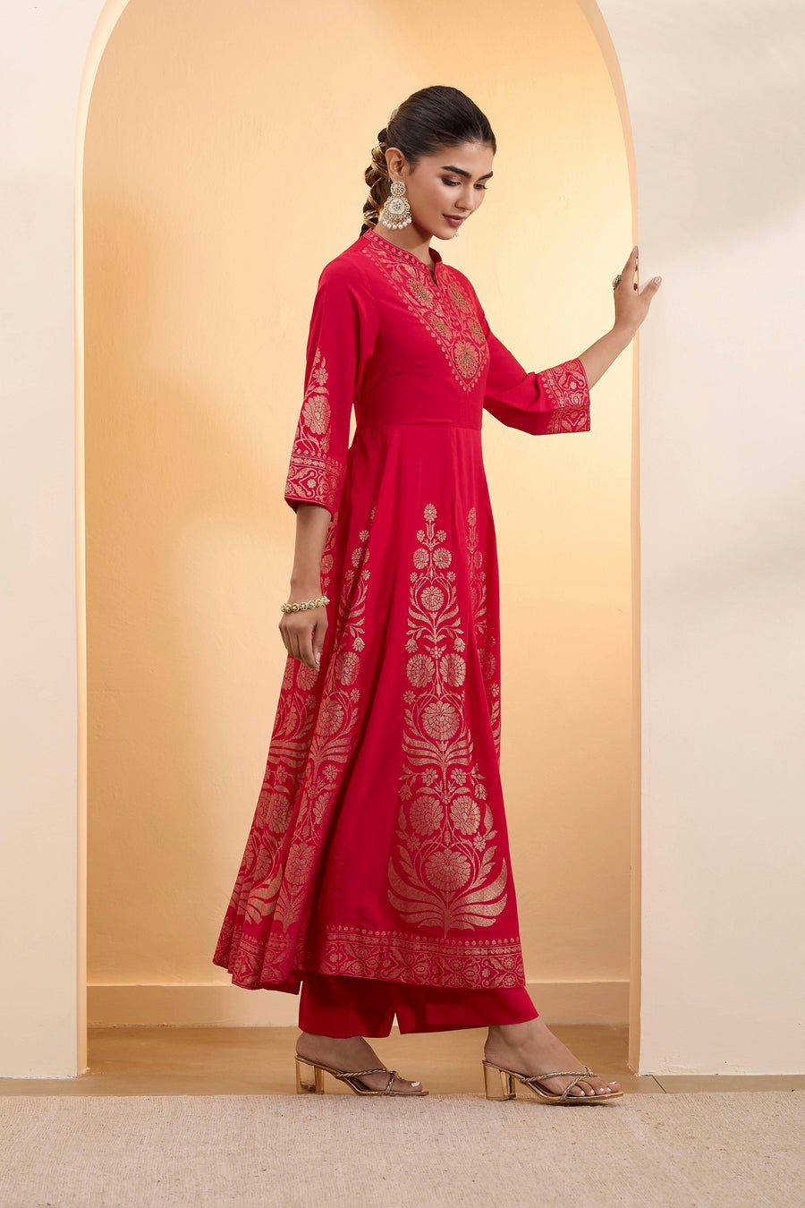 Red Poly Viscose Anarkali Kurta Set A34