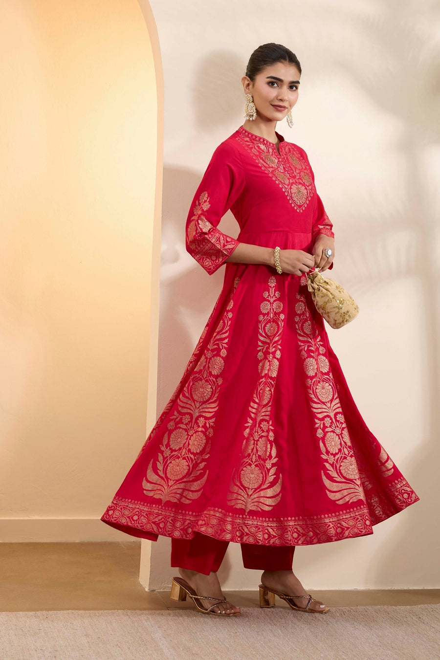 Red Poly Viscose Anarkali Kurta Set A34