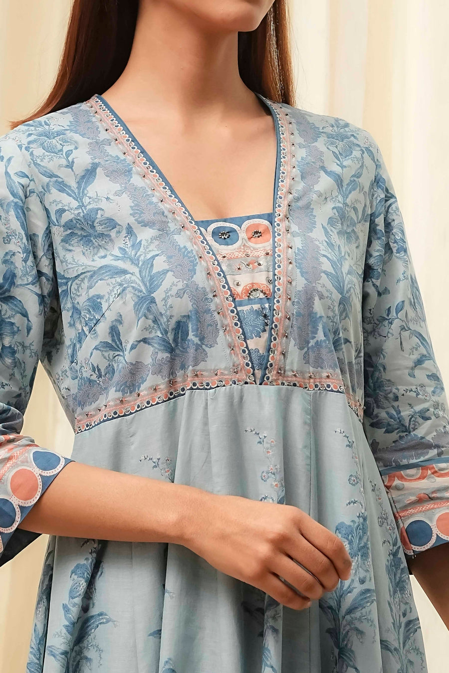 Dull Blue Cotton Floral Anarkali Suit Set A34