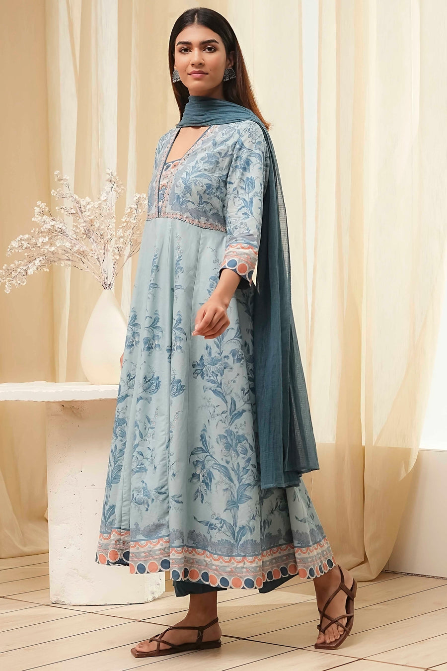 Dull Blue Cotton Floral Anarkali Suit Set A34