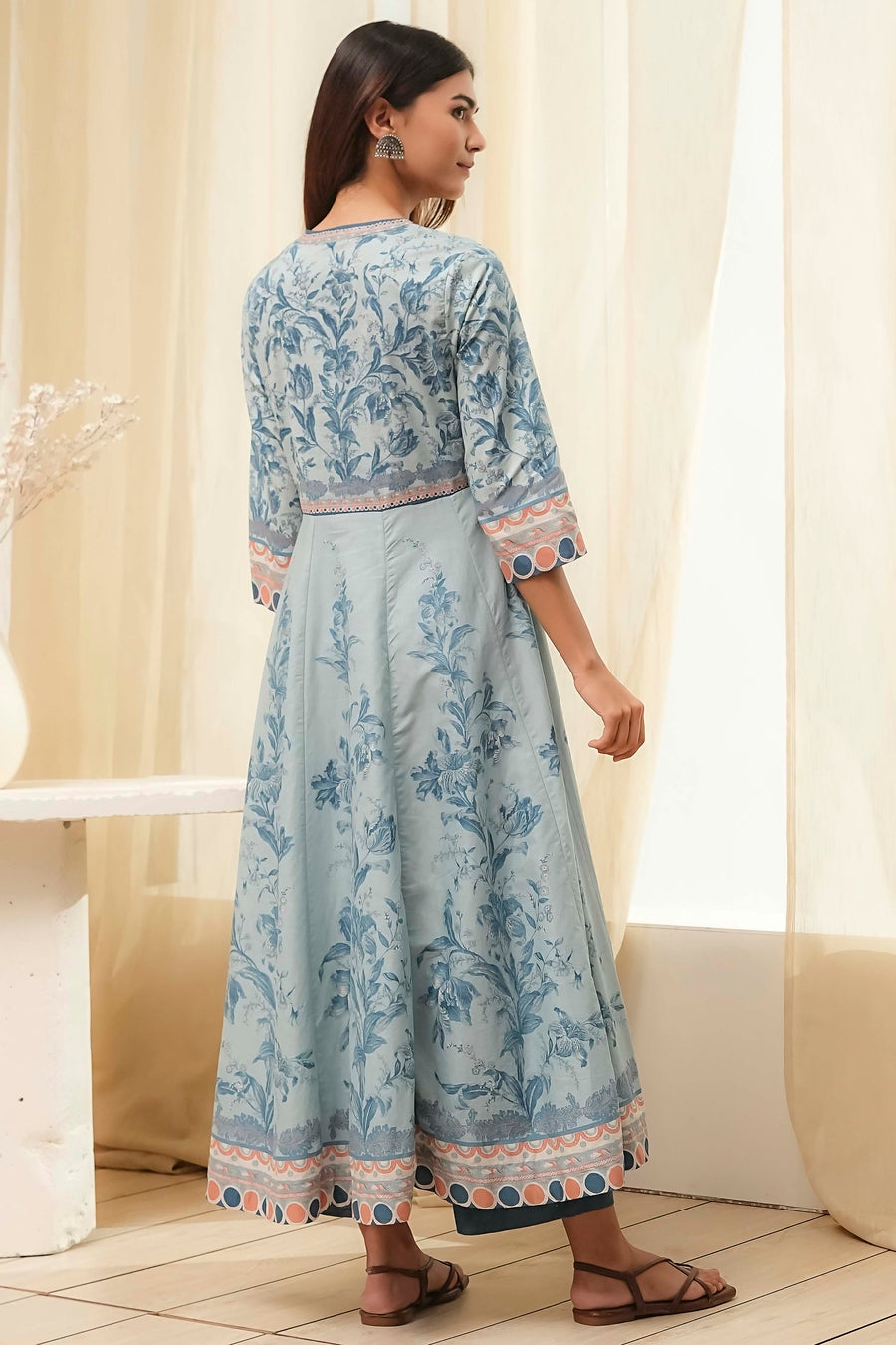 Dull Blue Cotton Floral Anarkali Suit Set A34