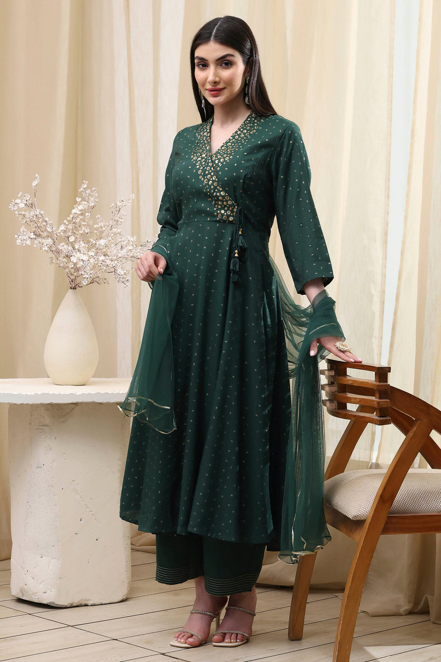Dark Green Shantoon Printed Anarkali Suit Set A34