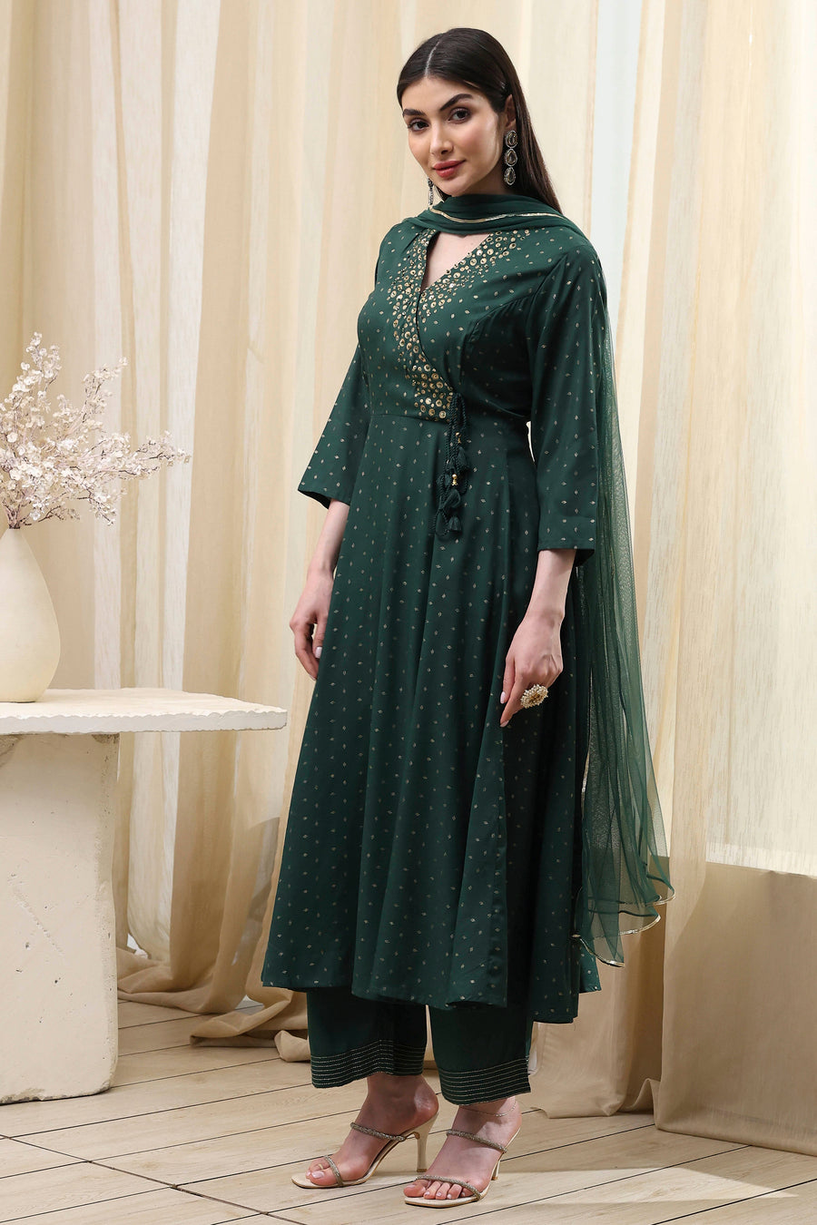 Dark Green Shantoon Printed Anarkali Suit Set A34