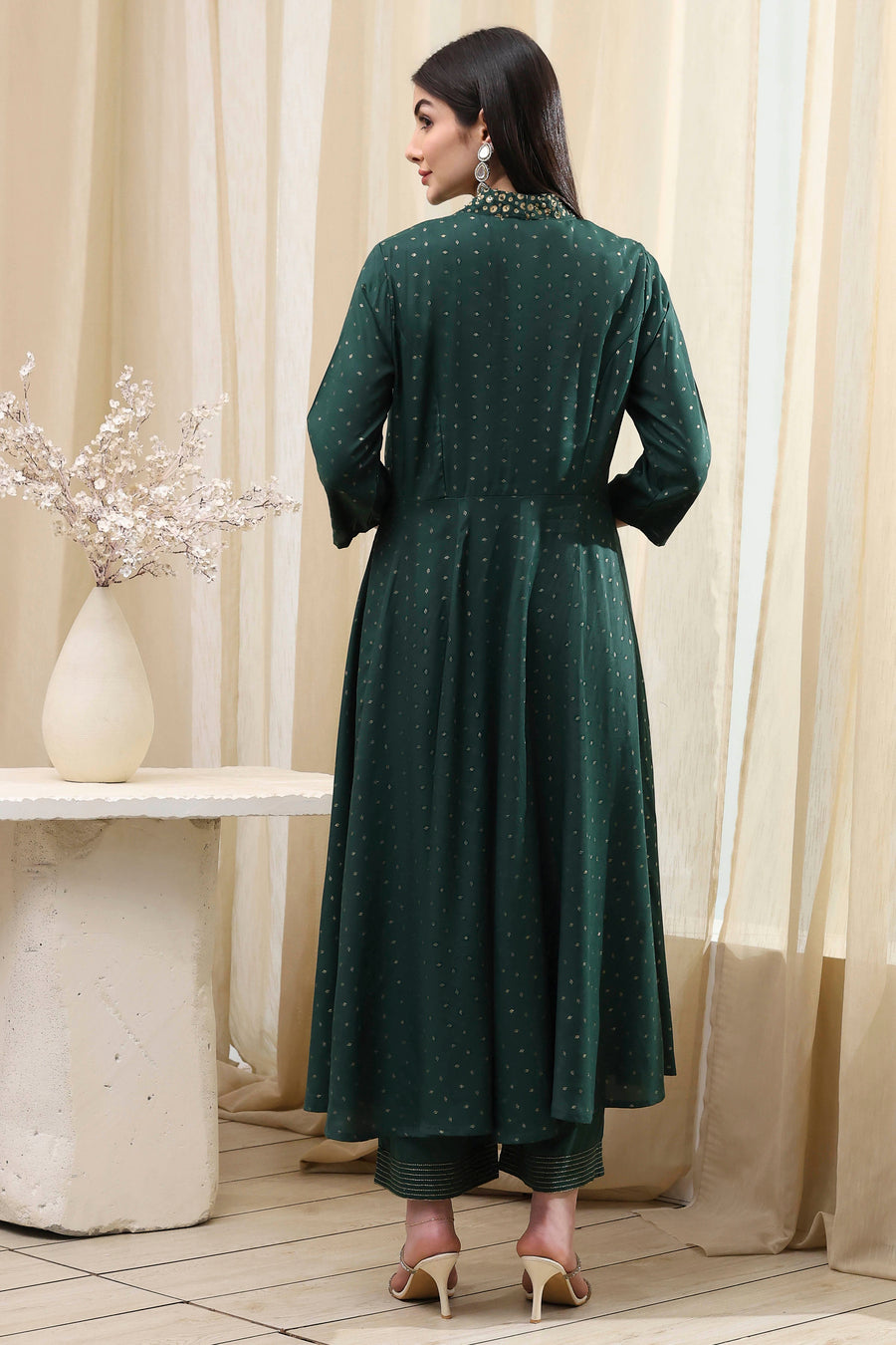 Dark Green Shantoon Printed Anarkali Suit Set A34