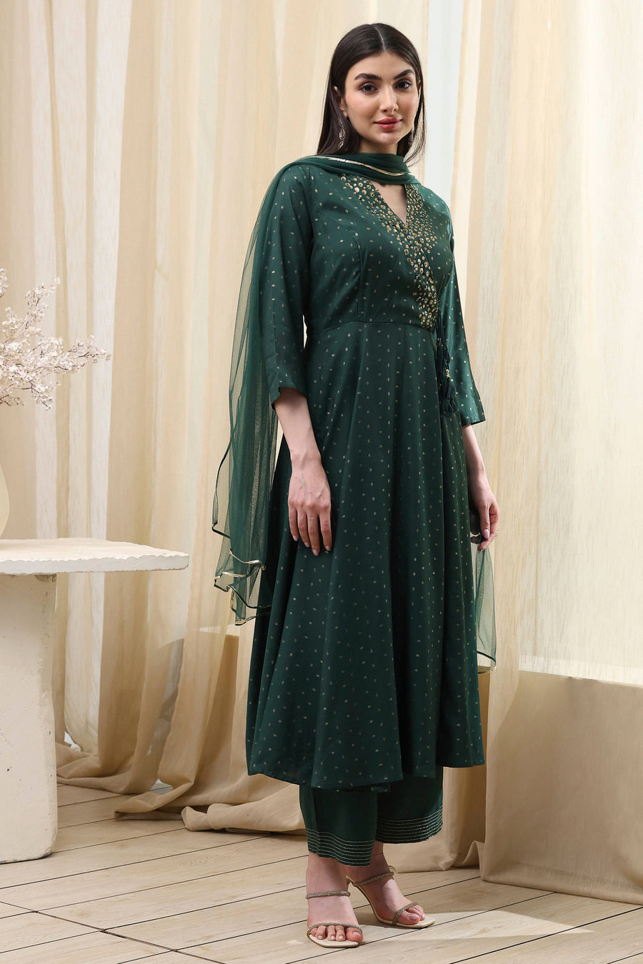Dark Green Shantoon Printed Anarkali Suit Set A34