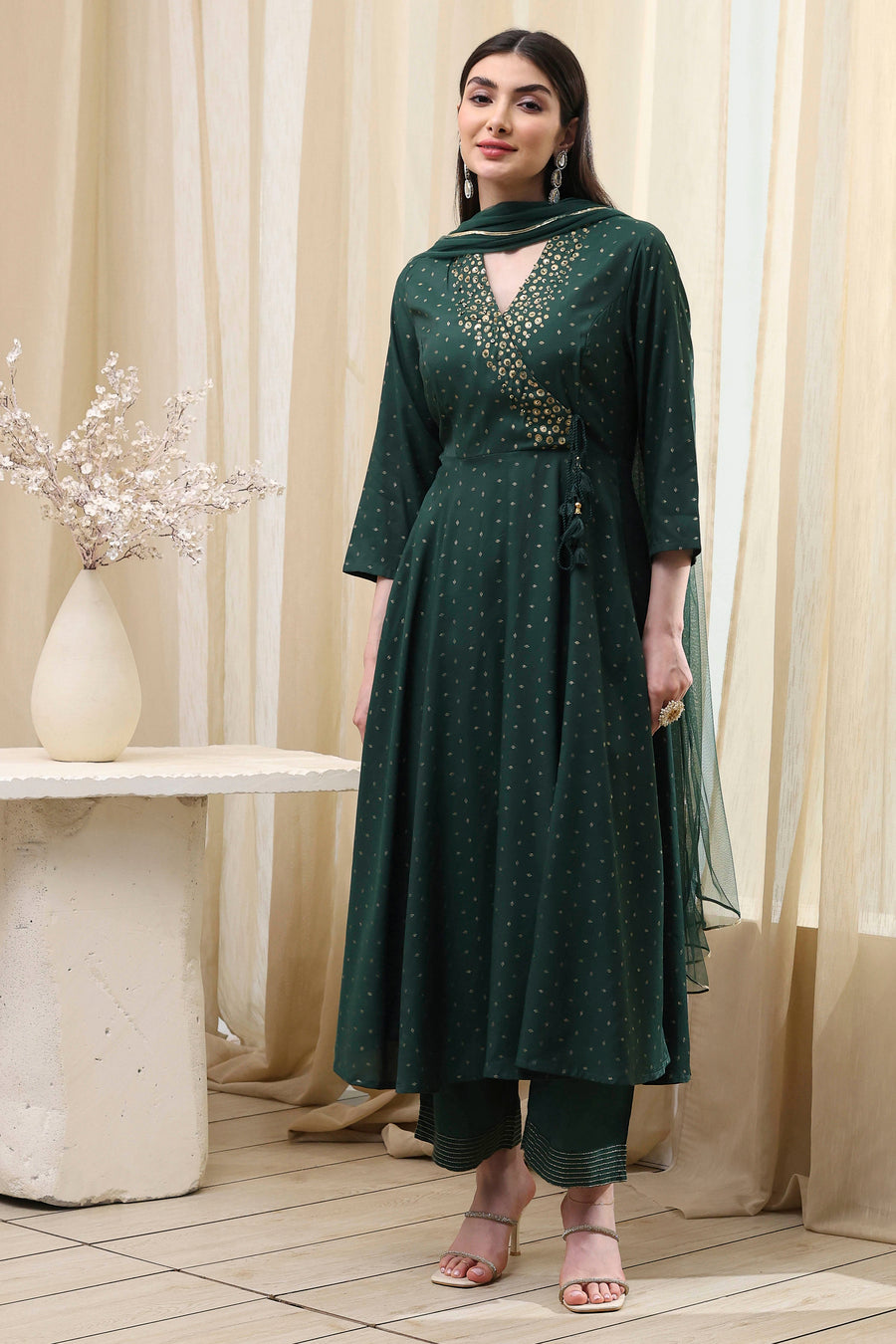 Dark Green Shantoon Printed Anarkali Suit Set A34
