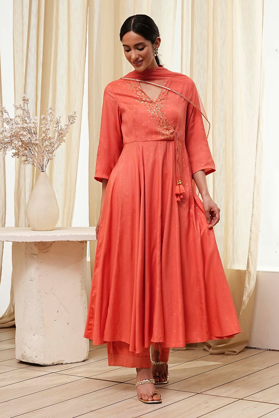 Peach Modal Printed Angrakha Anarkali Suit Set A34