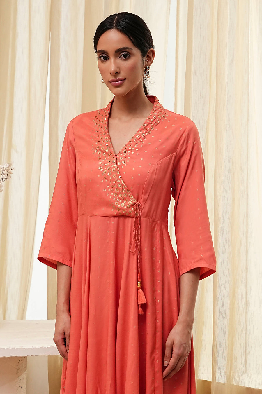 Peach Modal Printed Angrakha Anarkali Suit Set A34