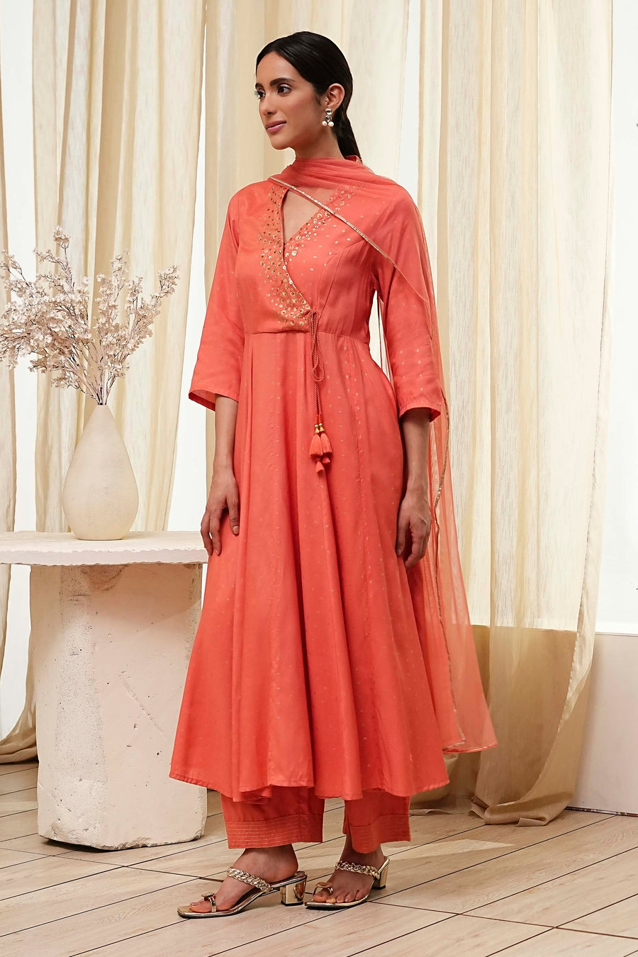 Peach Modal Printed Angrakha Anarkali Suit Set A34