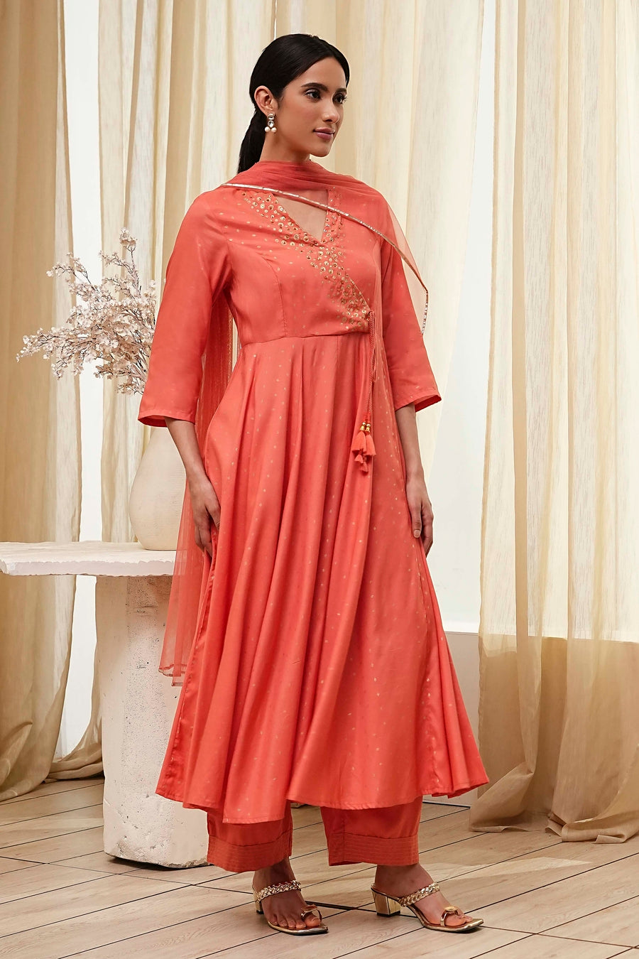 Peach Modal Printed Angrakha Anarkali Suit Set A34