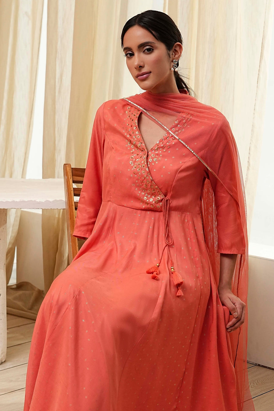 Peach Modal Printed Angrakha Anarkali Suit Set A34