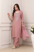 Pink Yoke Embroidered Straight Suit Set KS60