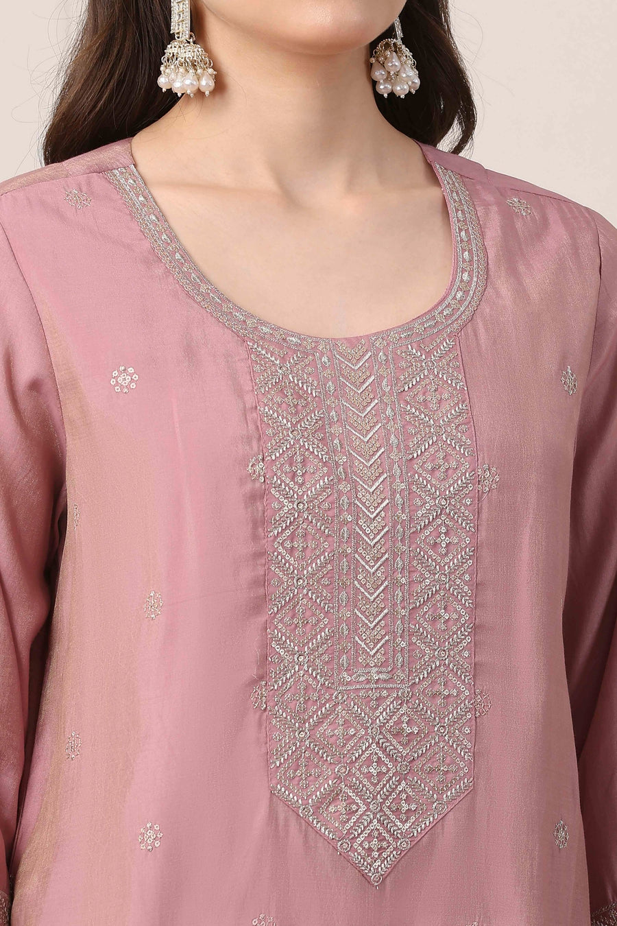 Pink Yoke Embroidered Straight Suit Set KS60