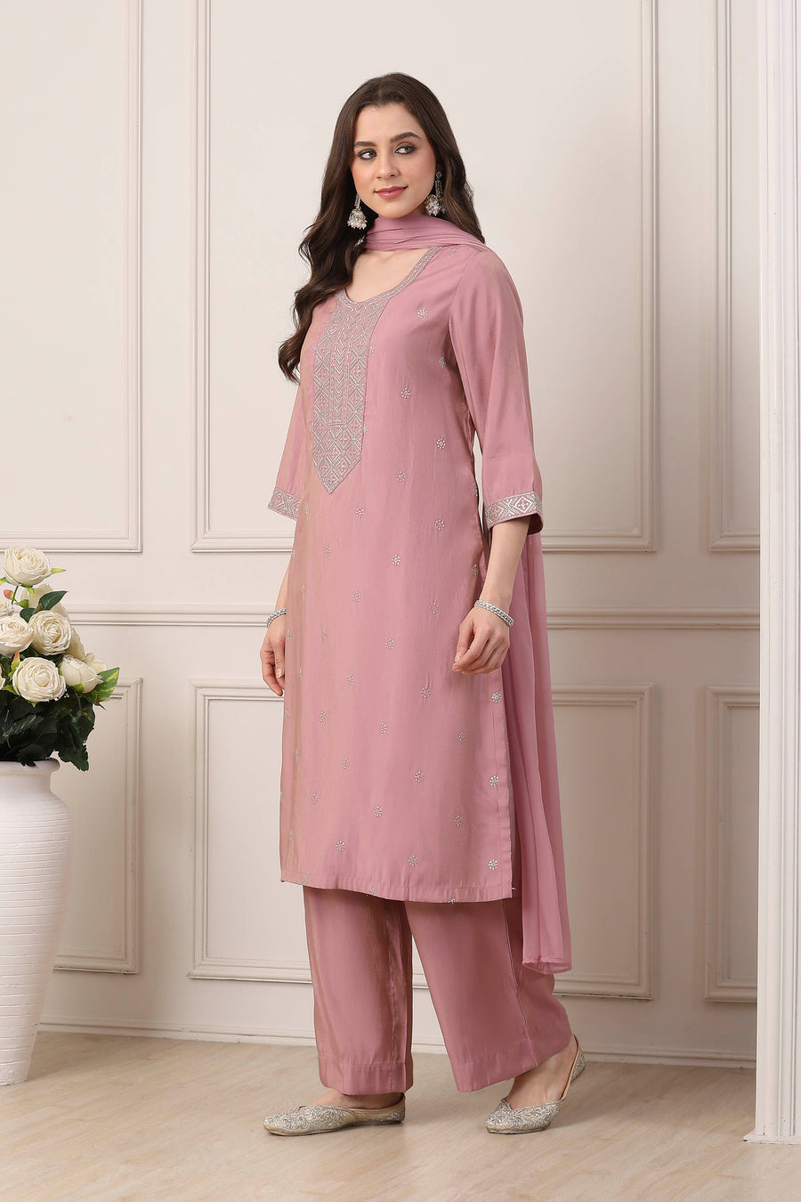 Pink Yoke Embroidered Straight Suit Set KS60