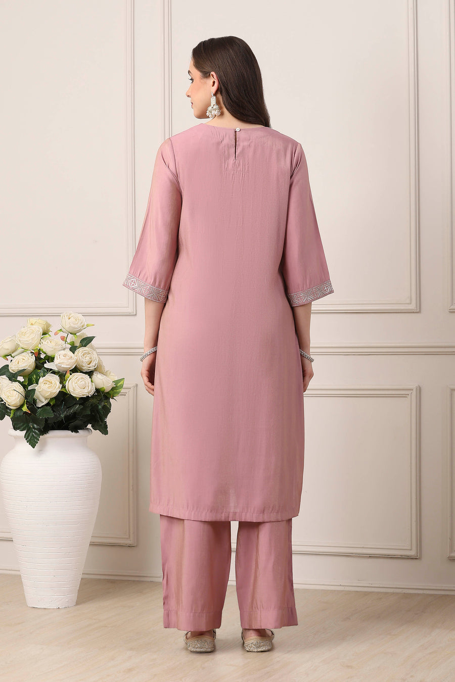 Pink Yoke Embroidered Straight Suit Set KS60