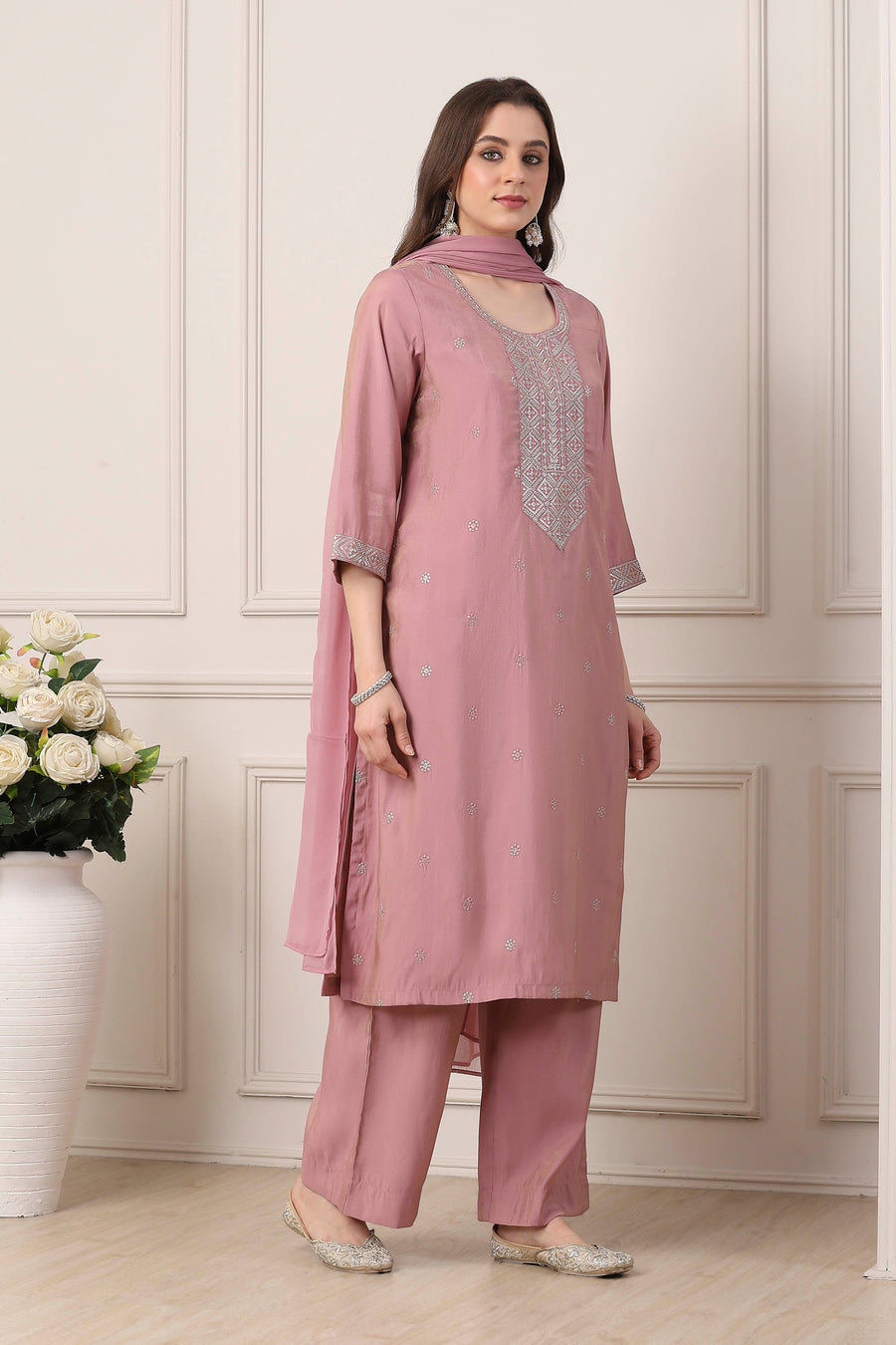 Pink Yoke Embroidered Straight Suit Set KS60