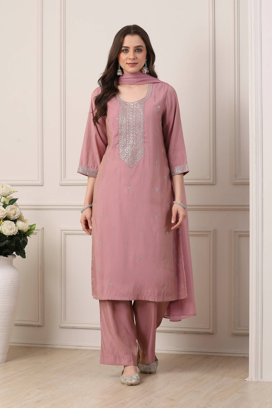 Pink Yoke Embroidered Straight Suit Set KS60