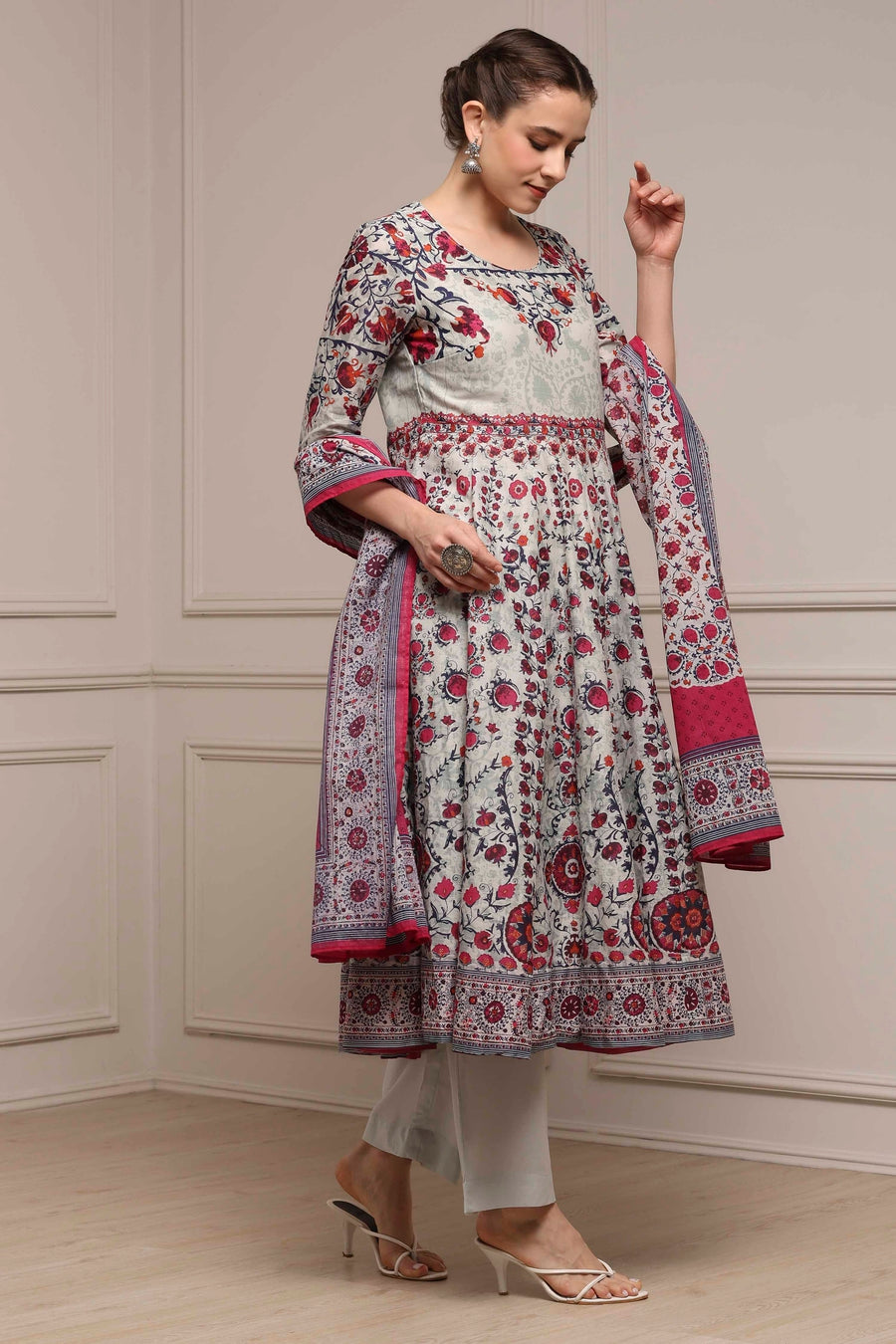 Aqua Cotton Anarkali Printed Suit Set A34