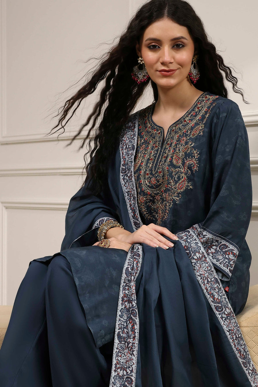 Teal Blue Printed Straight Suit Set KS60
