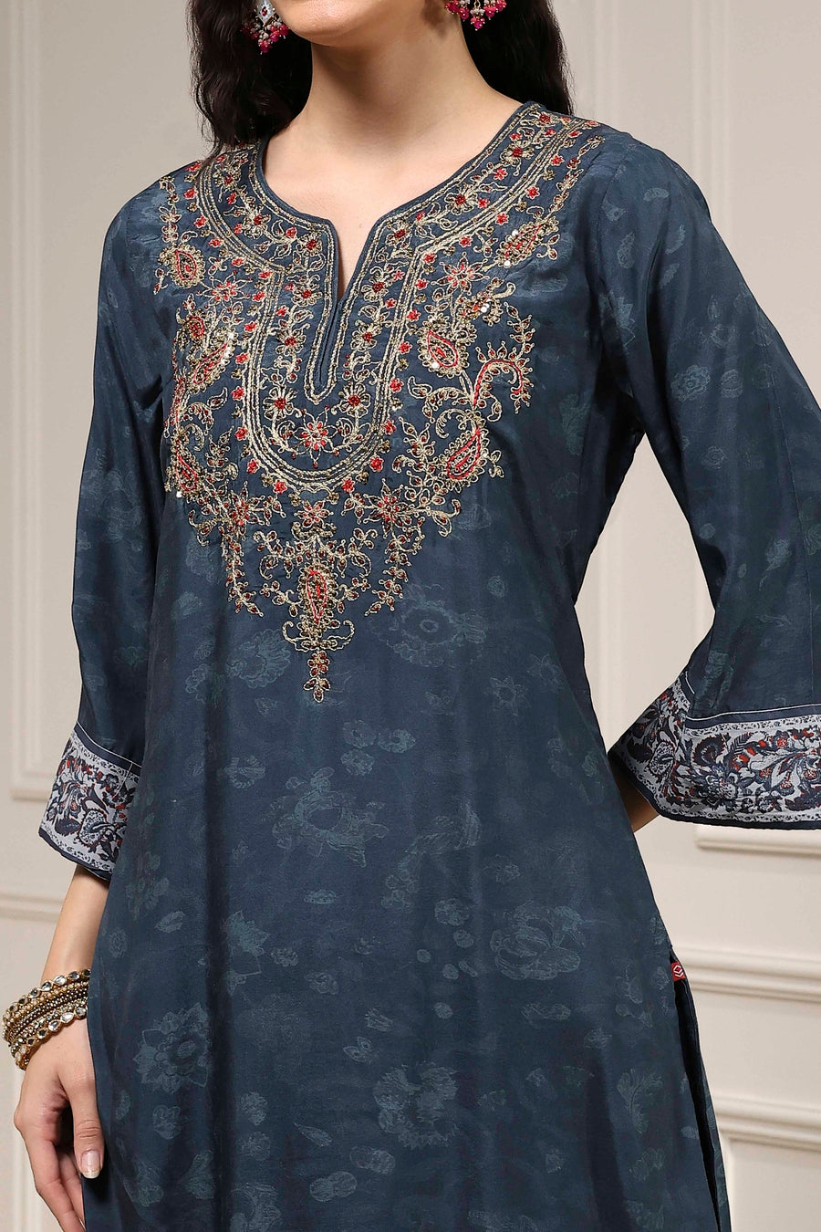 Teal Blue Printed Straight Suit Set KS60