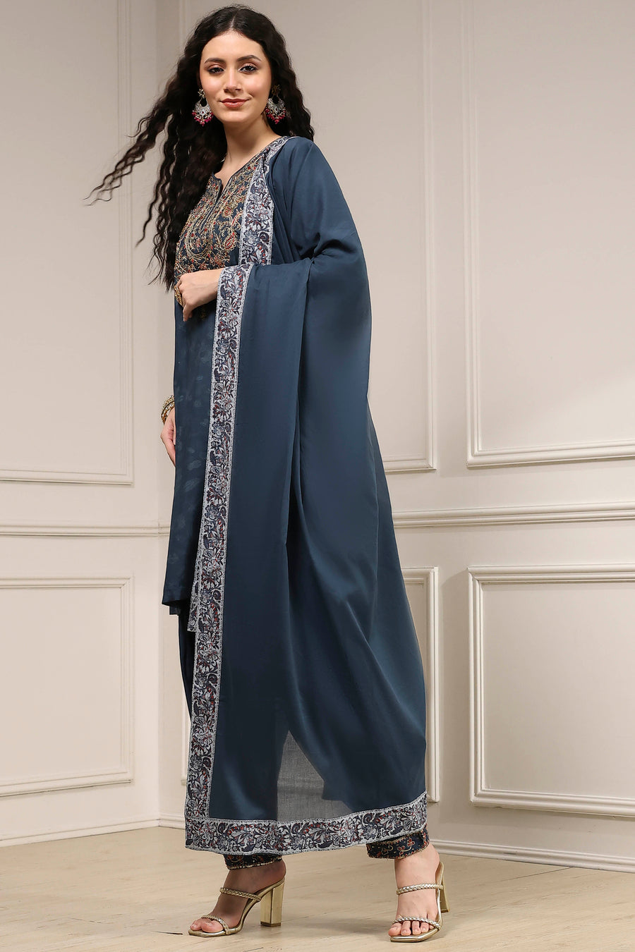 Teal Blue Printed Straight Suit Set KS60