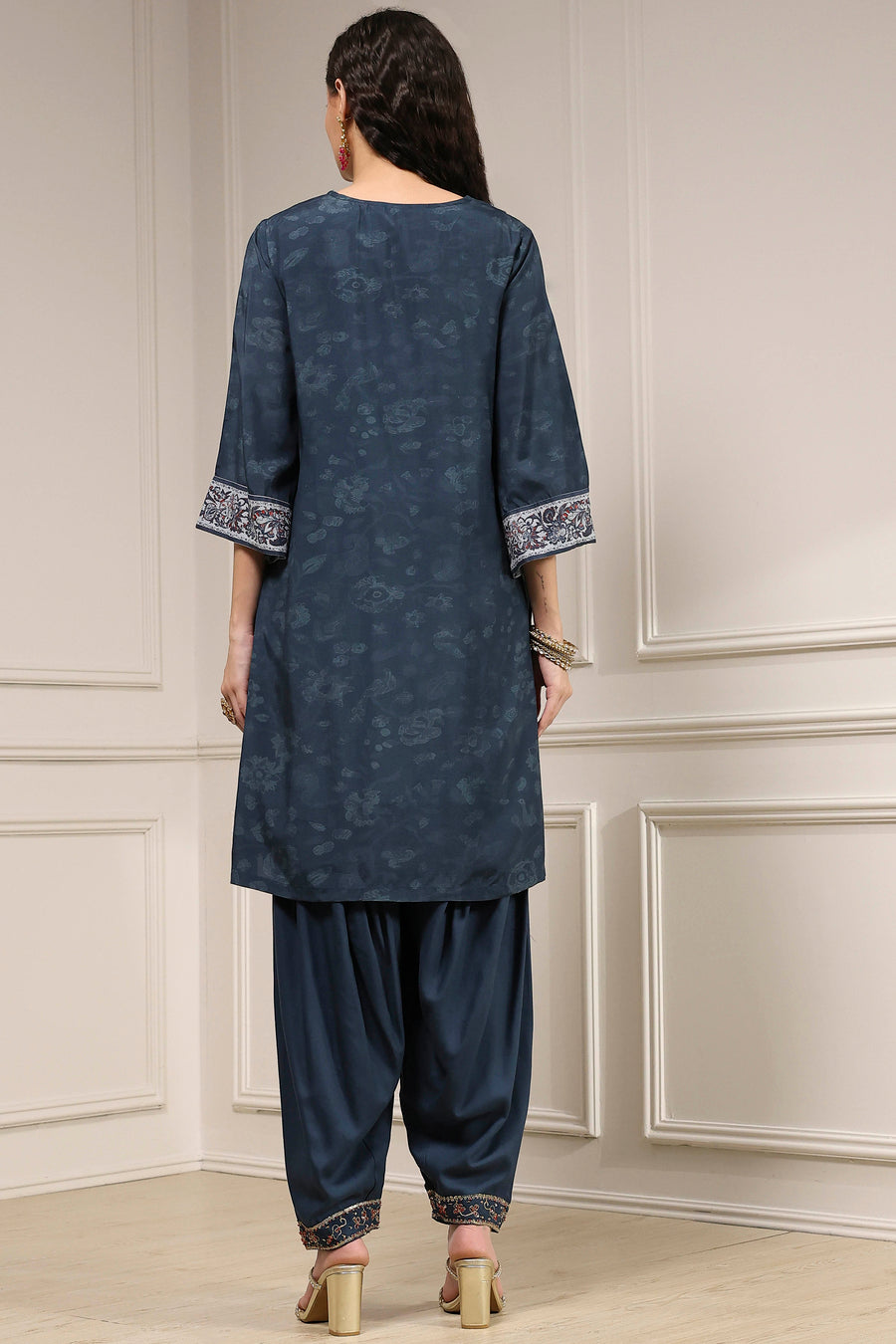 Teal Blue Printed Straight Suit Set KS60