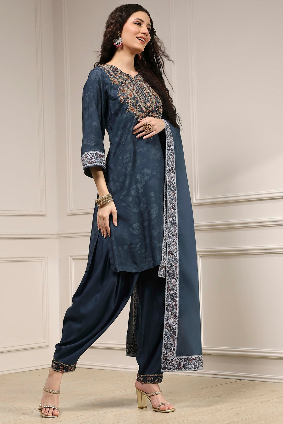 Teal Blue Printed Straight Suit Set KS60