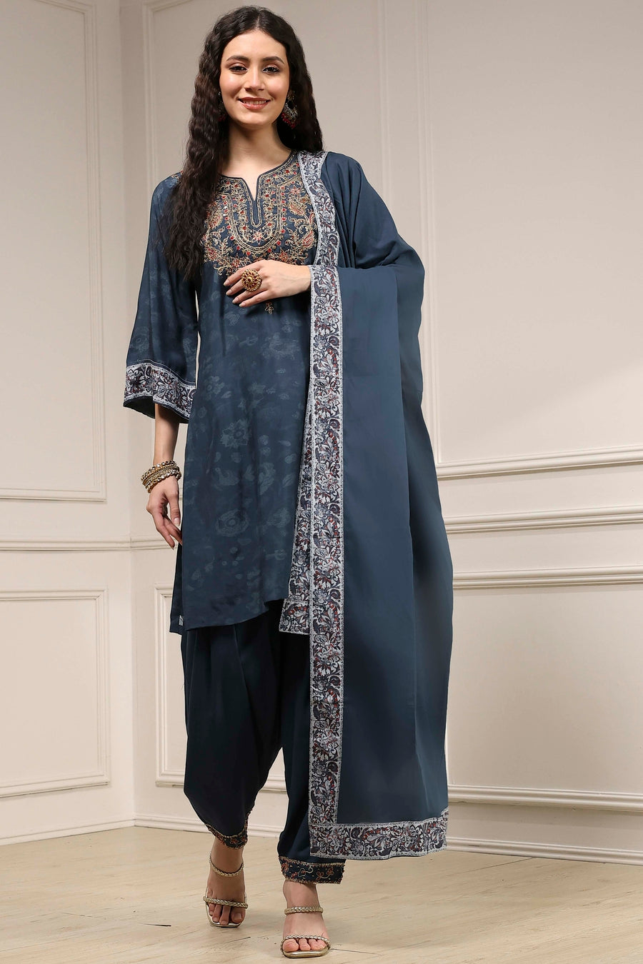 Teal Blue Printed Straight Suit Set KS60