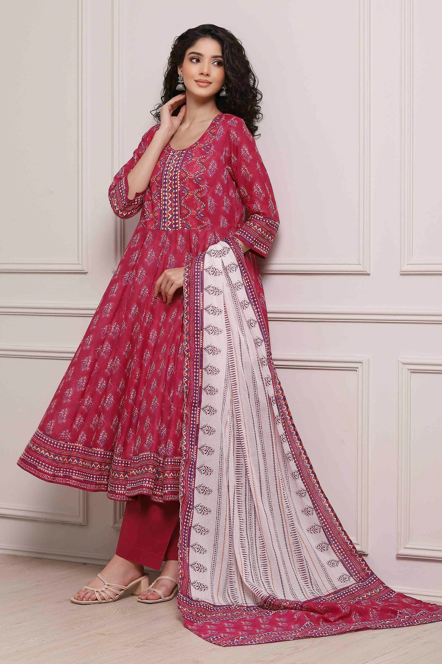 Magenta Cotton Printed Anarkali Suit Set A34