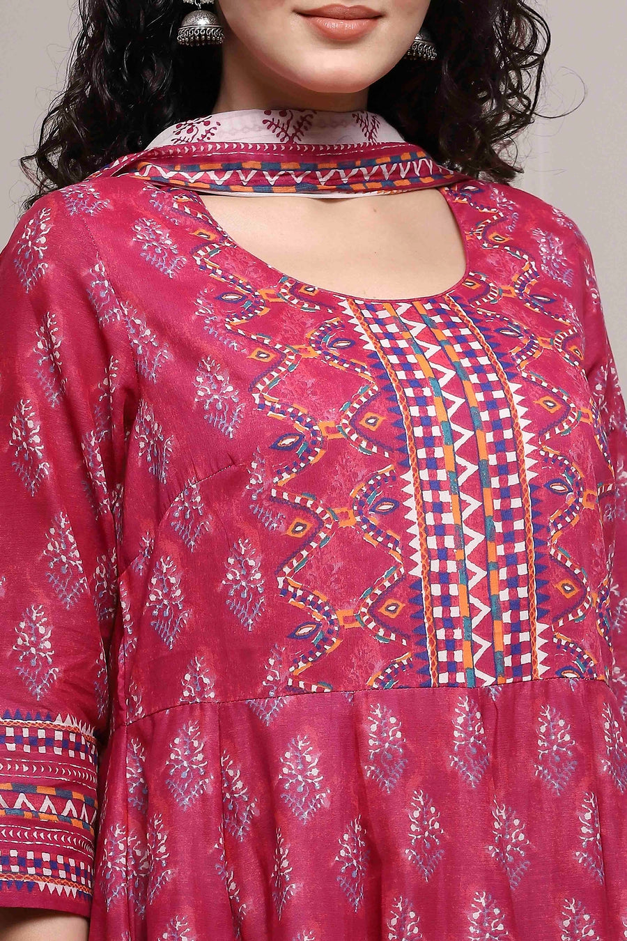Magenta Cotton Printed Anarkali Suit Set A34