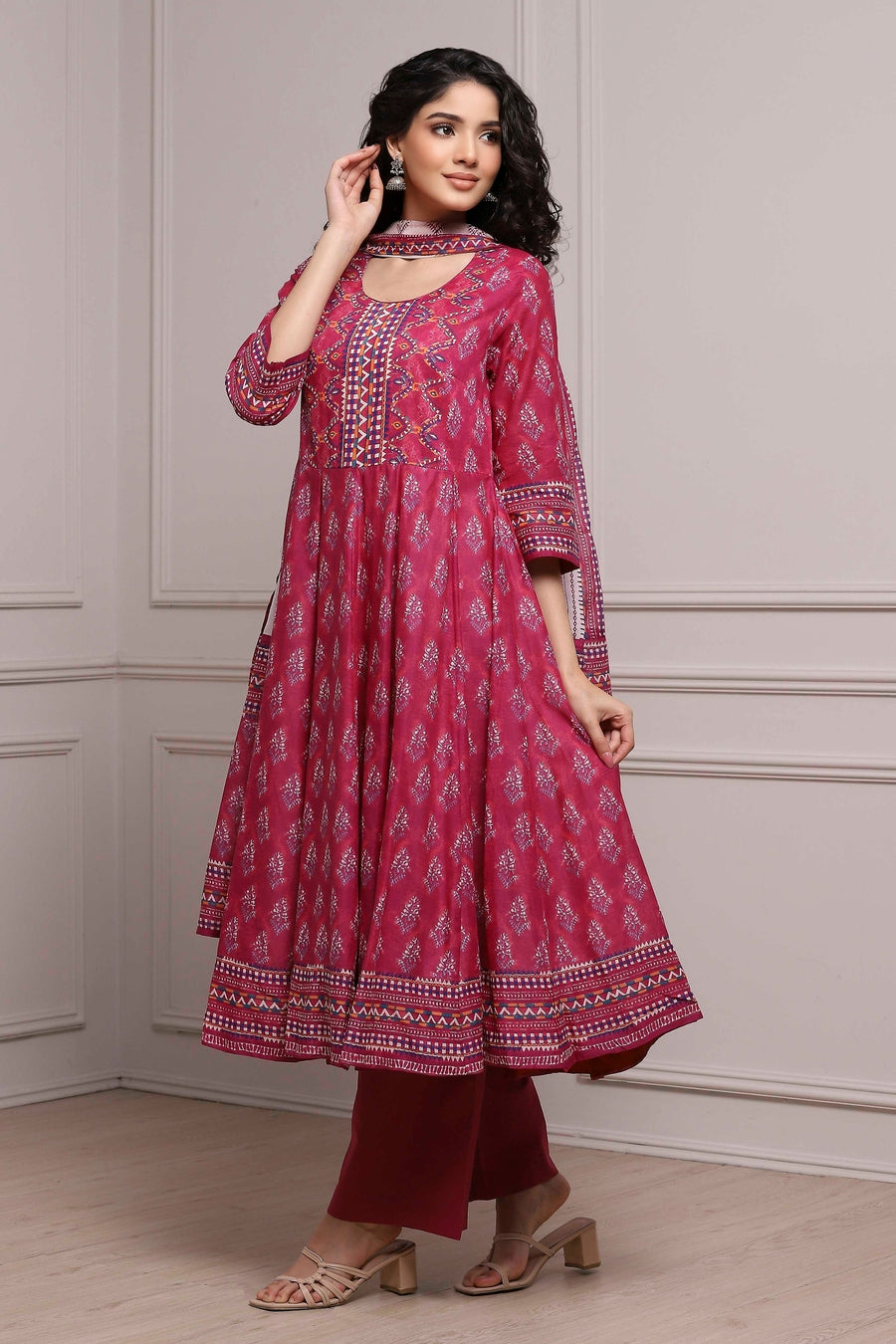 Magenta Cotton Printed Anarkali Suit Set A34