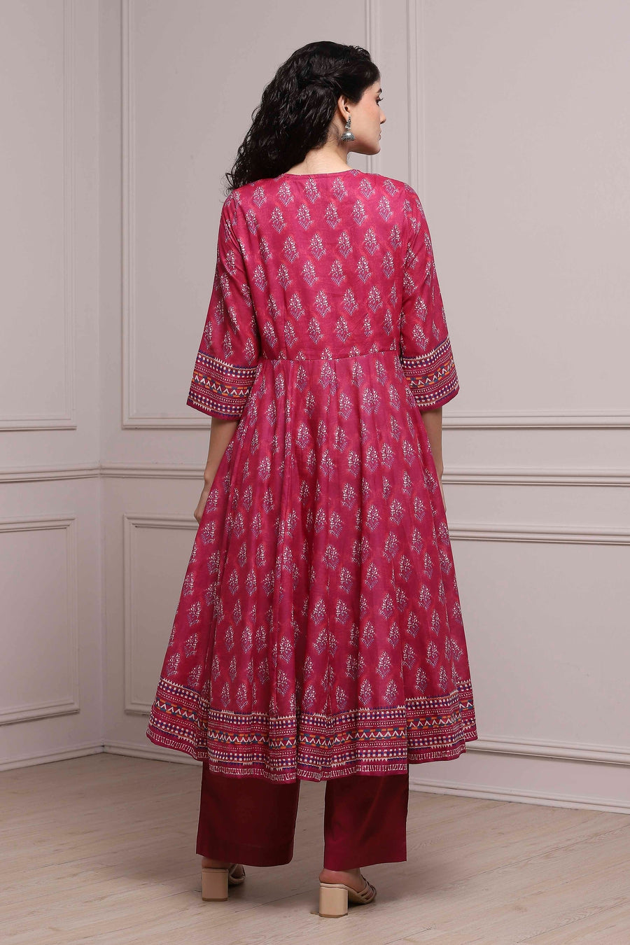Magenta Cotton Printed Anarkali Suit Set A34