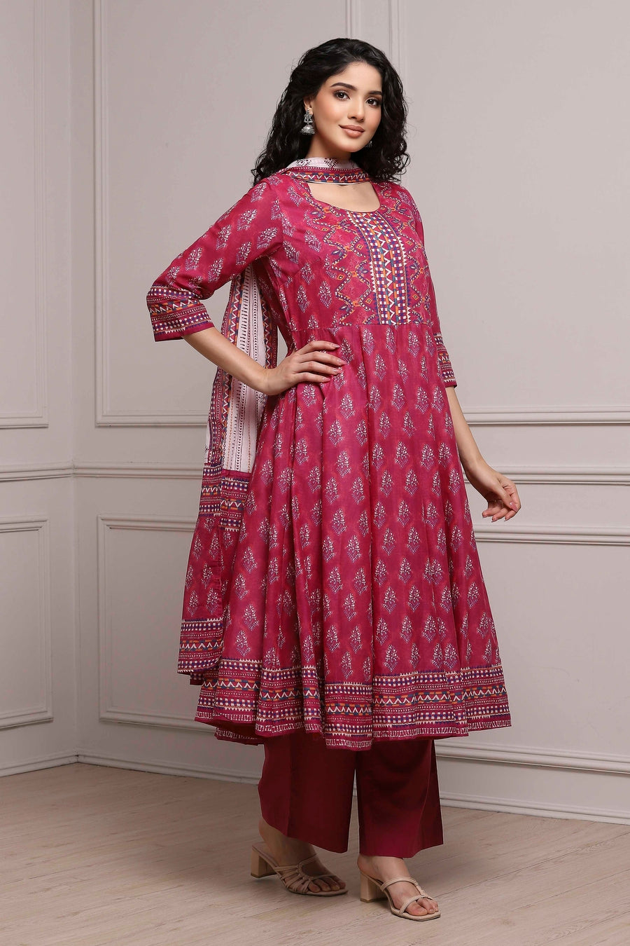 Magenta Cotton Printed Anarkali Suit Set A34