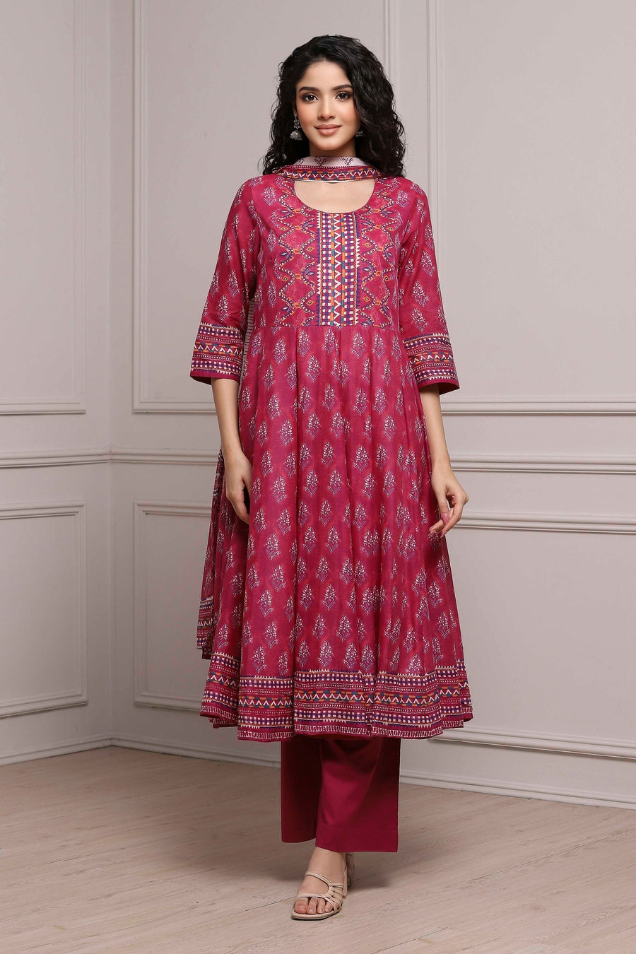 Magenta Cotton Printed Anarkali Suit Set A34