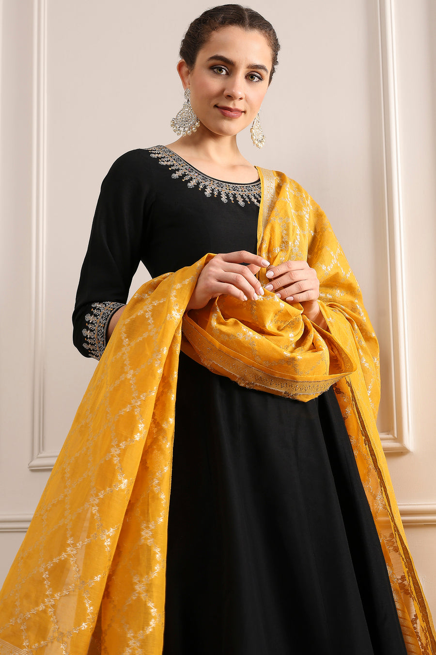 Black Solid Art Silk Anarkali Suit Set A34