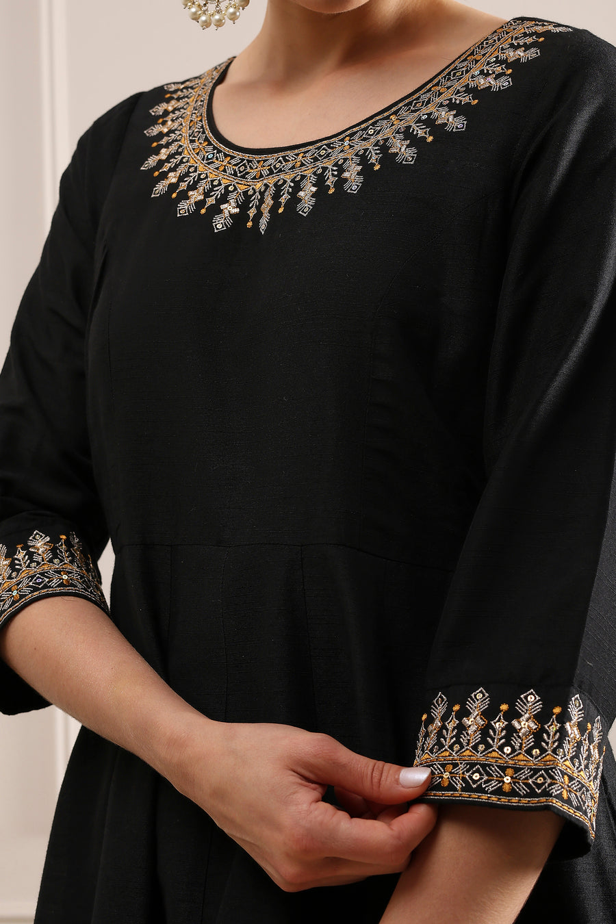 Black Solid Art Silk Anarkali Suit Set A34