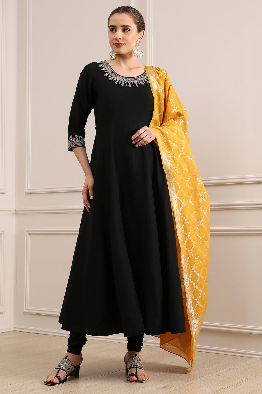 Black Solid Art Silk Anarkali Suit Set A34