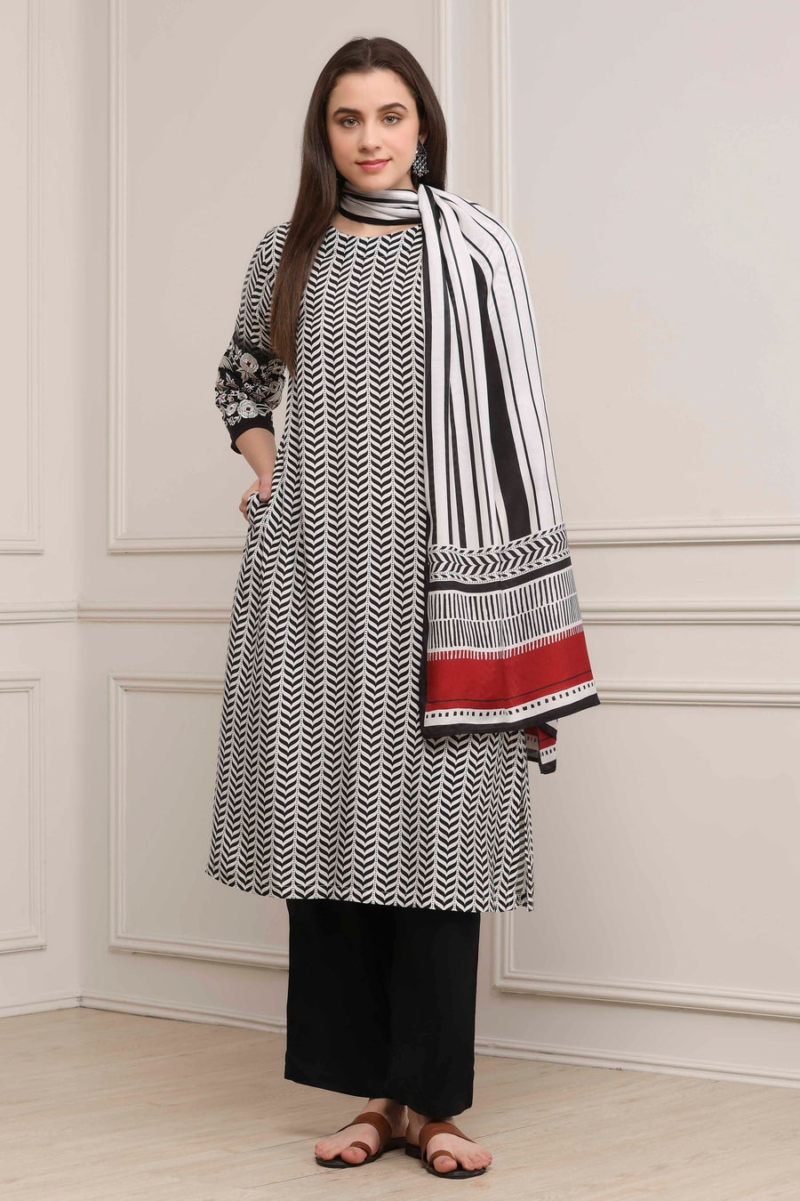 Black Modal Printed Straight Suit Set KS60