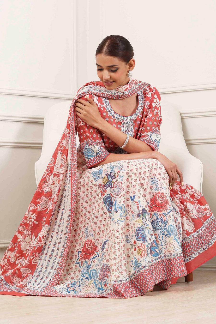 Red and White Cotton Printed Anarkali Suit Set A34
