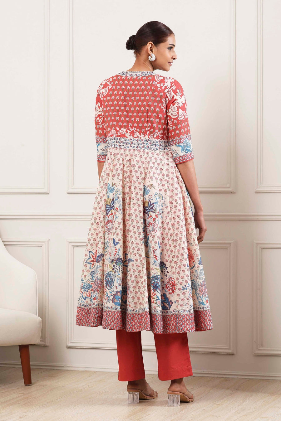 Red and White Cotton Printed Anarkali Suit Set A34