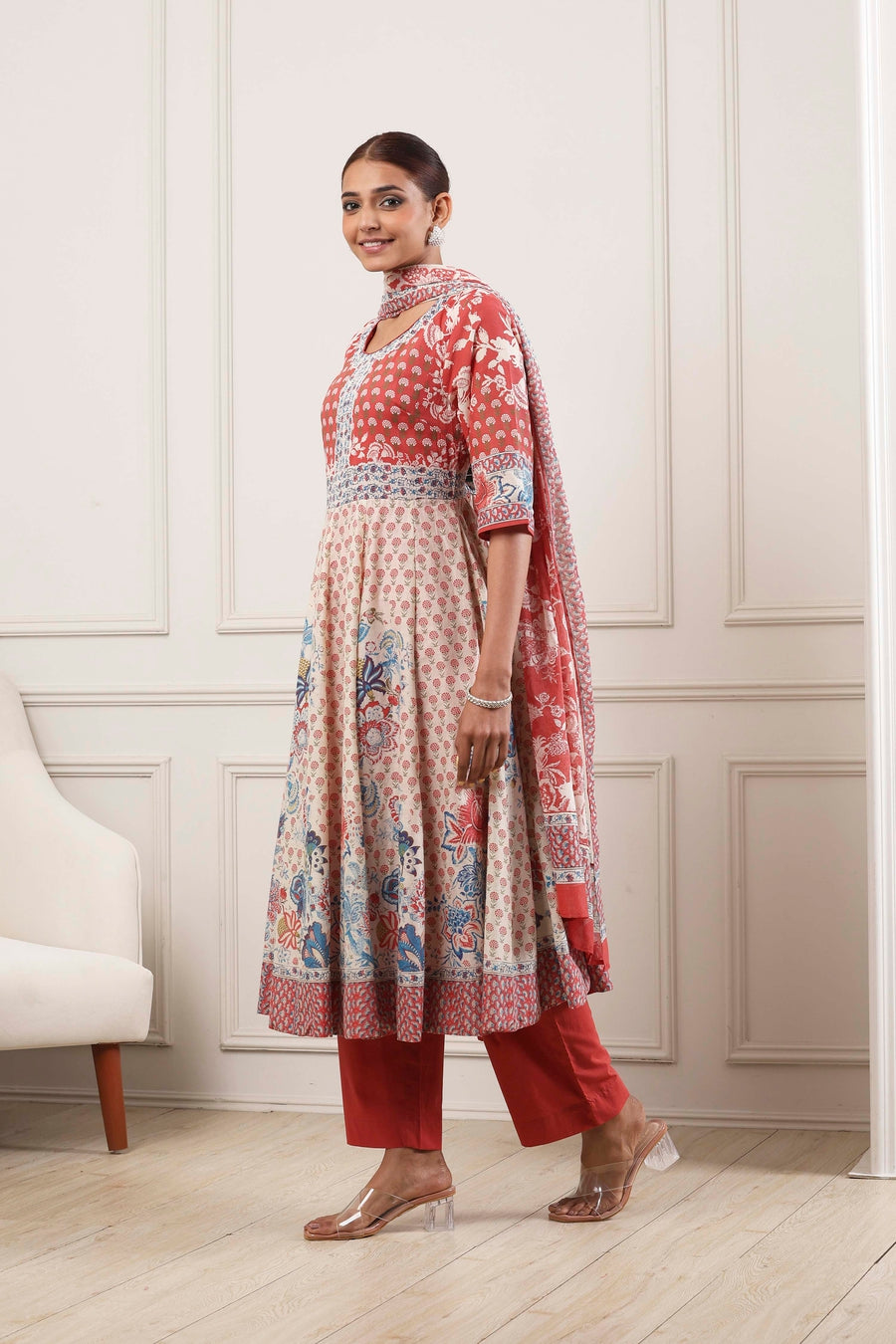 Red and White Cotton Printed Anarkali Suit Set A34