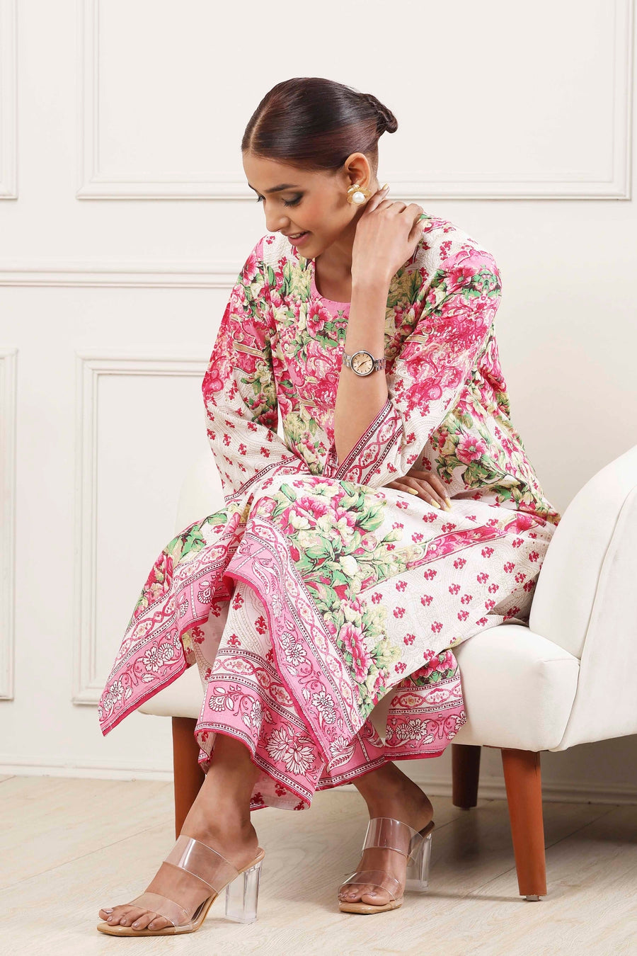 Pink and White Cotton Printed Straight Kurta Set KS60