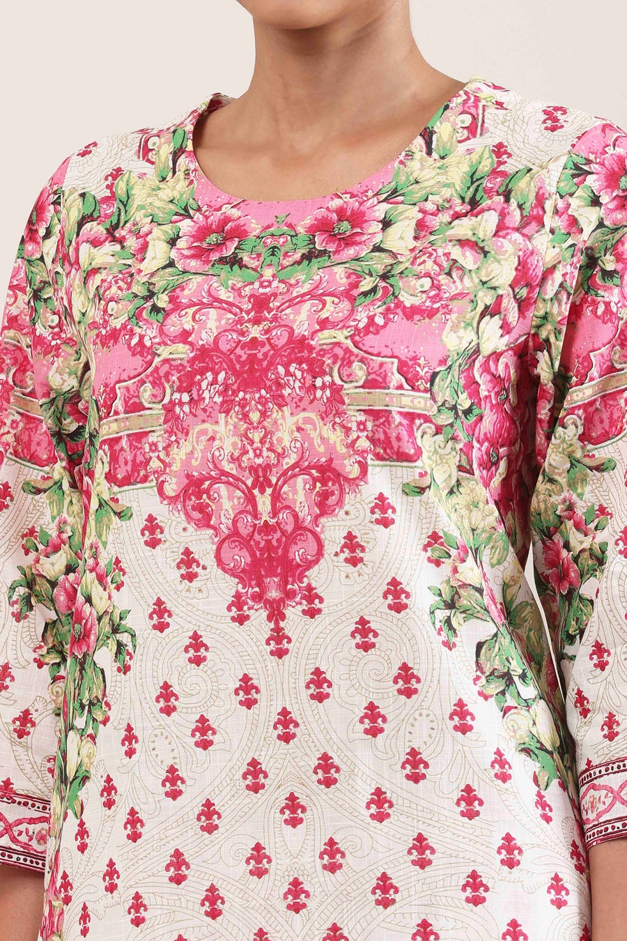 Pink and White Cotton Printed Straight Kurta Set KS60