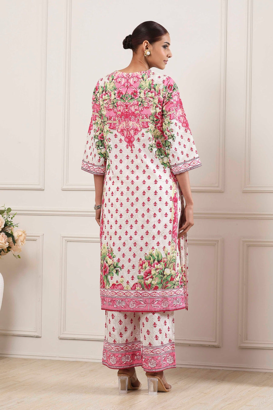 Pink and White Cotton Printed Straight Kurta Set KS60