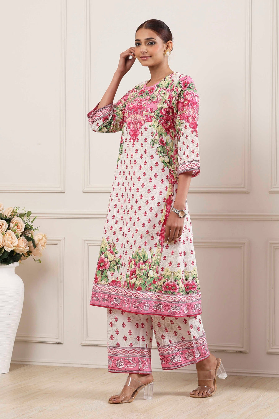 Pink and White Cotton Printed Straight Kurta Set KS60