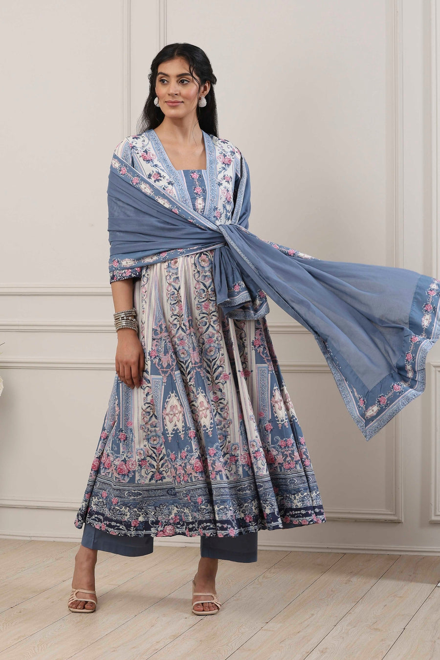 Blue Cotton Floral Printed Anarkali Suit Set A34