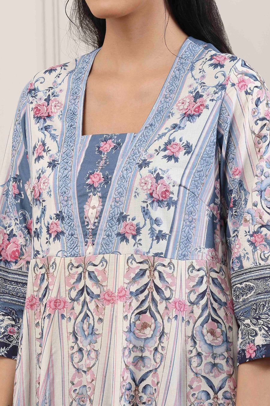 Blue Cotton Floral Printed Anarkali Suit Set A34