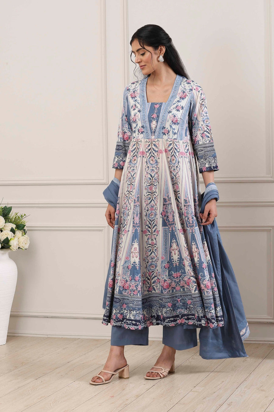 Blue Cotton Floral Printed Anarkali Suit Set A34